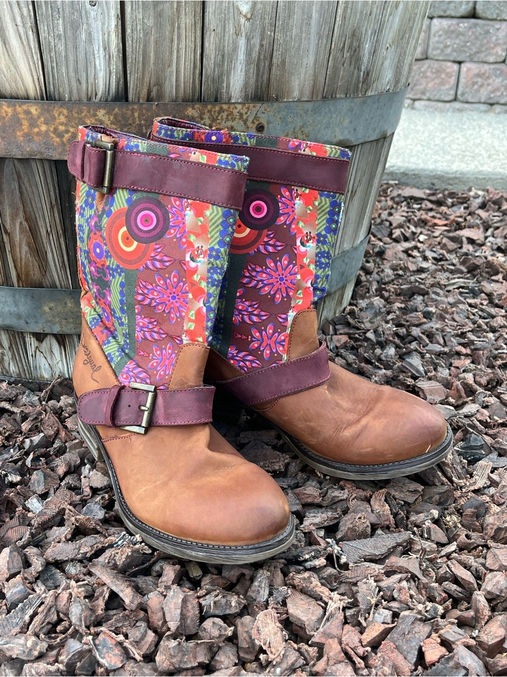 Desigual Sacha Mixed Media Boho Boots Brown Leather & Floral Print EU37